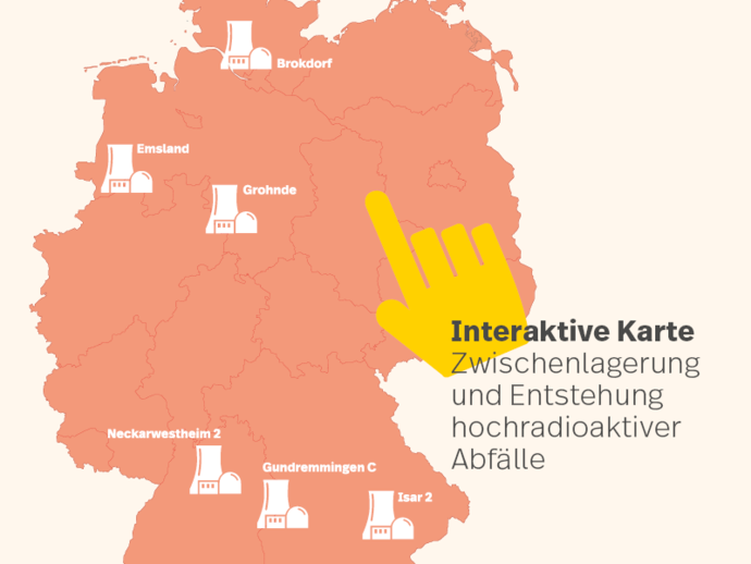 Karte "Hochradioaktive Abfälle in Deutschland - Zwischenlagerung und Entstehung"