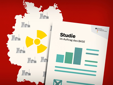 Grafische Darstellung der Landkarte Deutschlands mit Symbolen für Atomkraftwerke und einem Informationsblatt mit der Aufschrift "Studie im Auftrag des BASE"