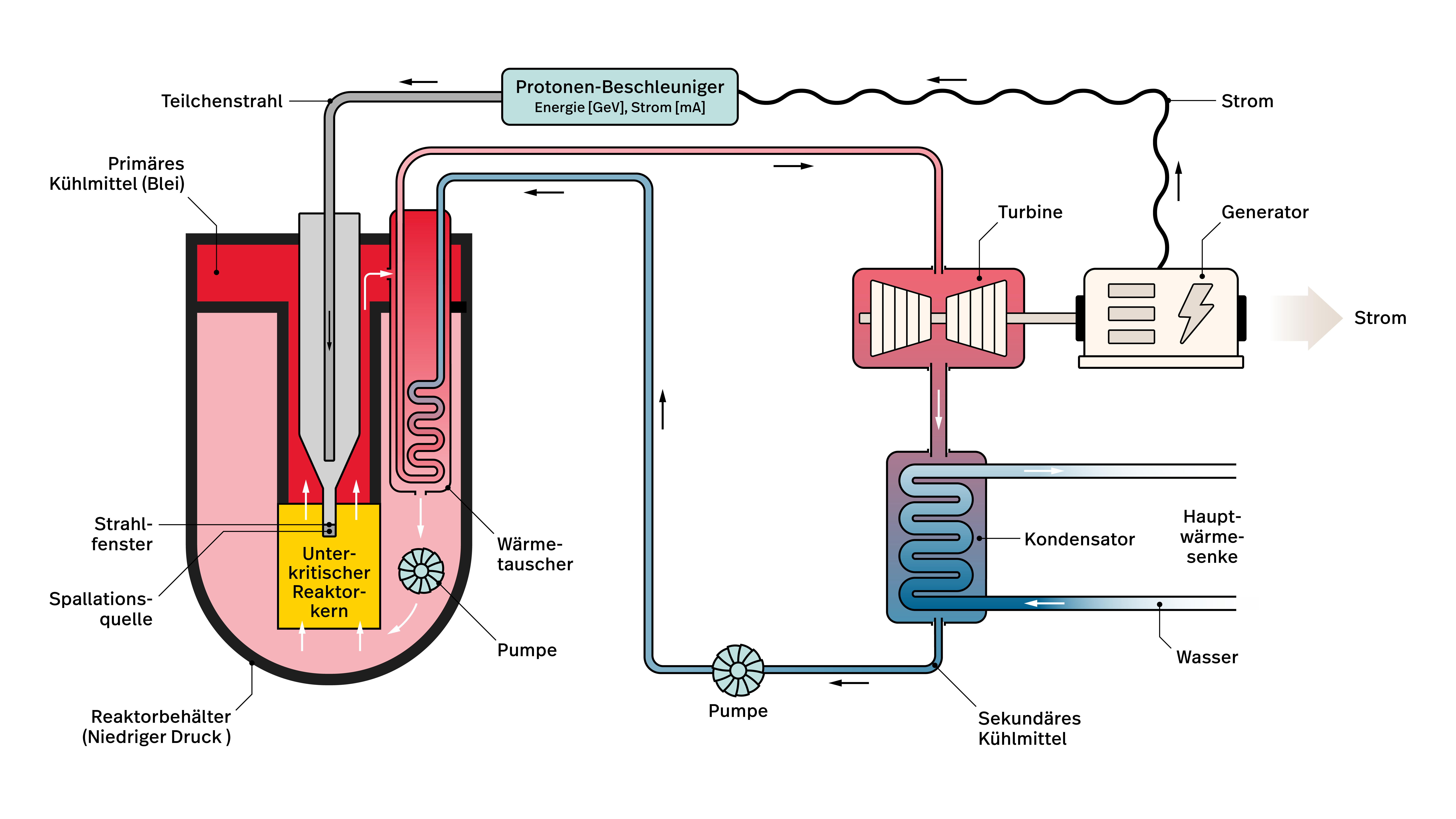Schematische Darstellung eines beschleunigergetriebenen unterkritischen Reaktors