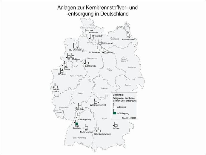 Karte der Anlagen zur Kernbrennstoffver- und -entsorgung in Deutschland - Meldepflichtige Ereignisse seit Inbetriebnahme