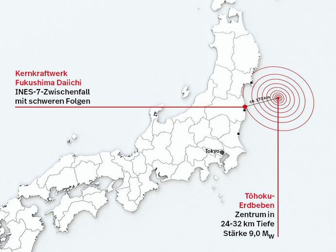 Grafik einer Landkarte von Japan und dem Epizentrum des Seebebens.