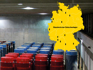 Blick in ein Zwischenlager für hochradioaktive Abfälle, Vordergrund: Deutschland-Karte mit den Standorten der Zwischenlager 