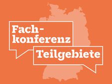Logo der Fachkonferenz Teilgebiete: Eine Deutschlandkarte mit zwei Sprechblasen