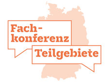 Logo der Fachkonferenz Teilgebiete: Eine weiß-orangene Deutschlandkarte mit zwei Sprechblasen